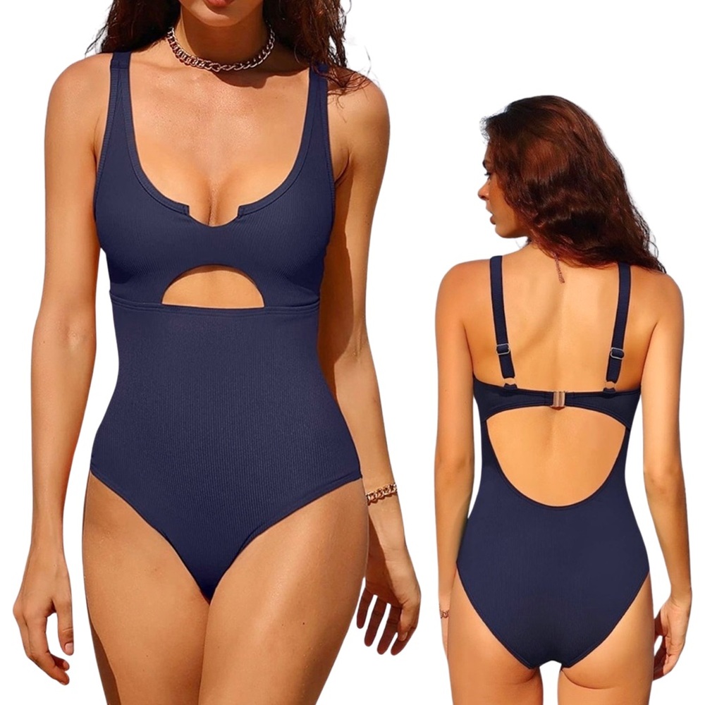NWT* NAVY- Ribbed One Piece Swimsuit Cutout Scoop
Neck‎ High Cut Padded M…
